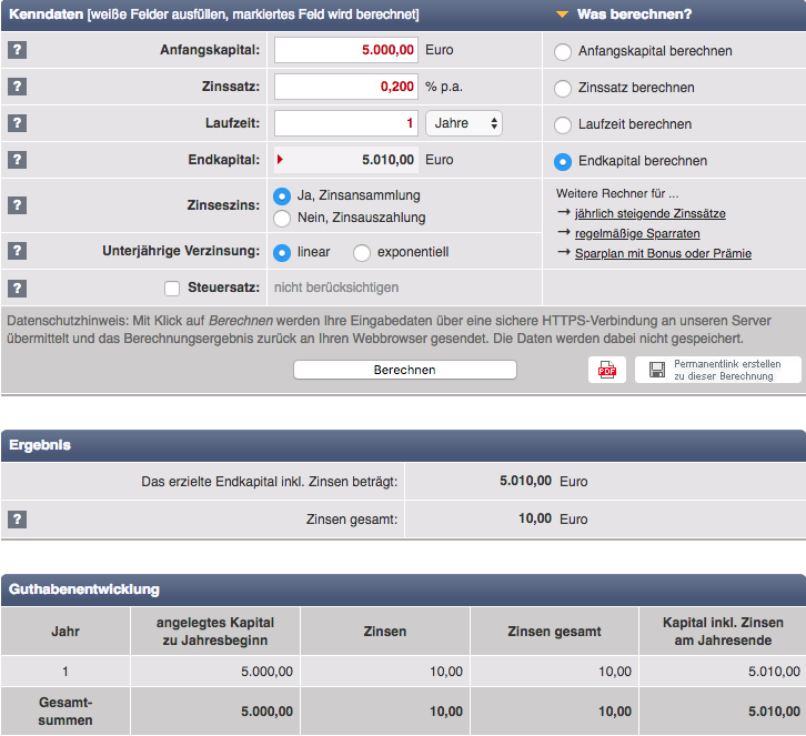 Zinsberechnung 5000€ mit 0,2% Zinsen