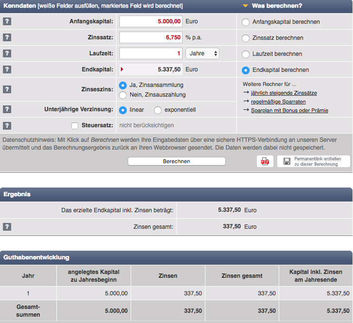 Zinsberechnung 5000€ mit 6,75% Zinsen